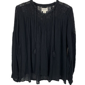 Denim & Supply Ralph Lauren Tunic Top Women Large Black Gauze Crochet Boho Goth